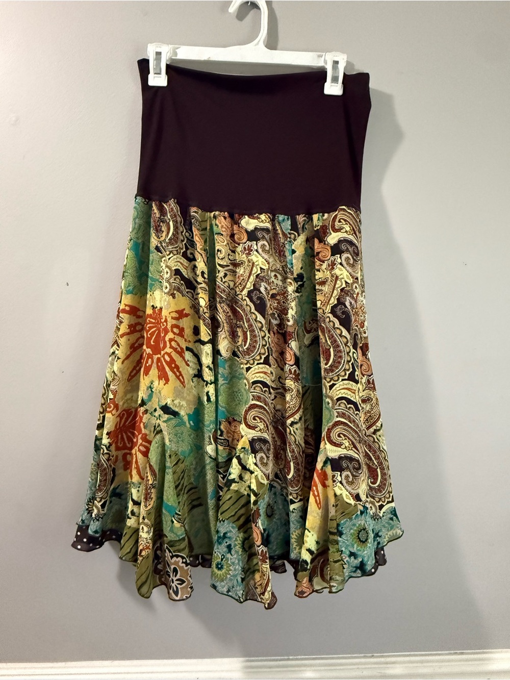 Paisley Floral A-Line Skirt with Brown Waistband